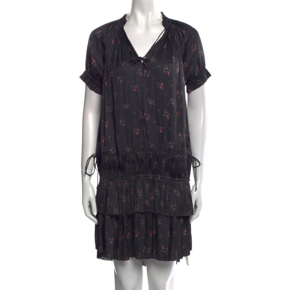 Ulla Johnson Black & Floral Ruffled Mini Dress with V-Neck designer size 2